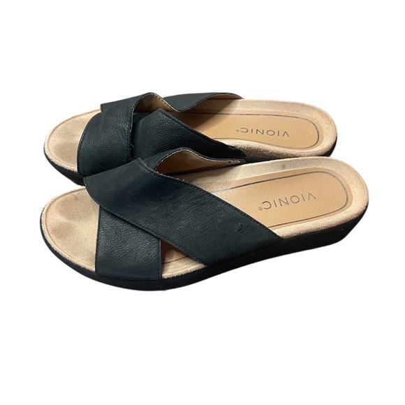 Vionic Hayden Leather Criss Cross Comfort Slide Platform Black Size 9 - Picture 1 of 9